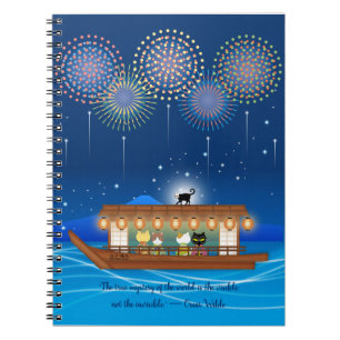 Cats Delighting in Fireworks Aboard a Houseboat Notebook