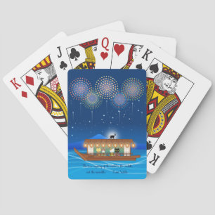 Cats Delighting in Fireworks Aboard a Houseboat Playing Cards