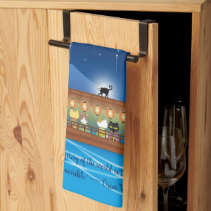 Cats Delighting in Fireworks Aboard a Houseboat Tea Towel