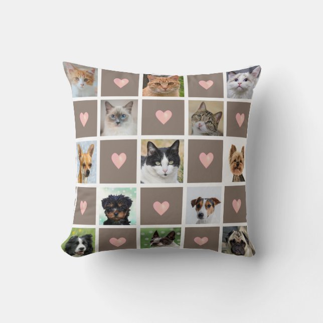 Cats & Dogs Custom Photos & Heart Pattern on Beige Cushion (Front)