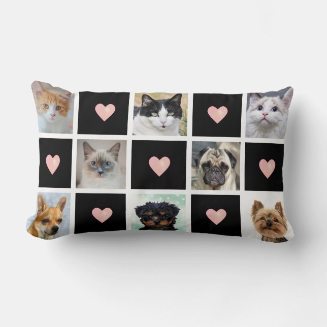 Cats & Dogs Custom Photos with Heart on Black Lumbar Cushion (Front)