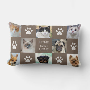 Cats & Dogs Custom Photos with Paws on Lucky Beige Lumbar Cushion