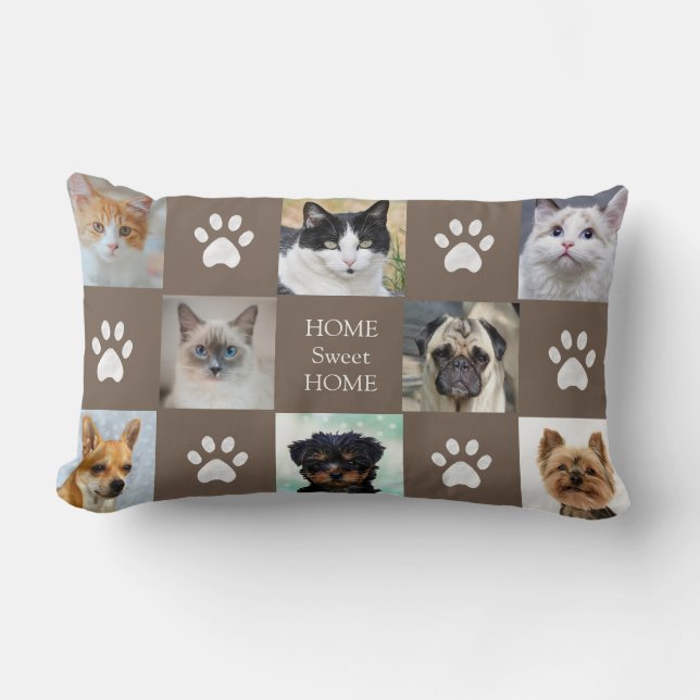 Cats & Dogs Custom Photos with Paws on Lucky Beige Lumbar Cushion (Front)