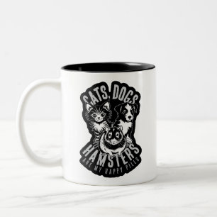 CATS DOGS HAMSTERS HAPPY PILLS PETS LOVE Two-Tone COFFEE MUG