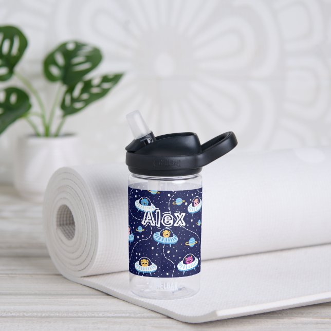 Cats & Dogs in Space UFO Custom Name Water Bottle (Yoga)