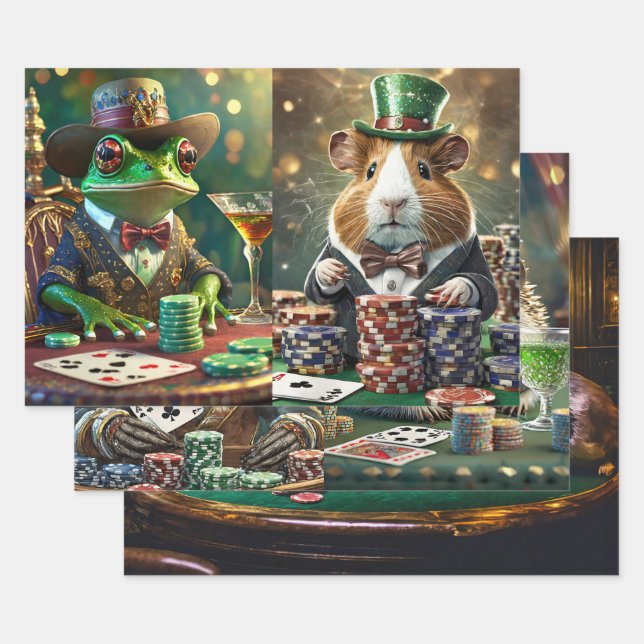 Cats & Dogs Playing Poker, Saloon Wrapping Paper Sheet (Set)