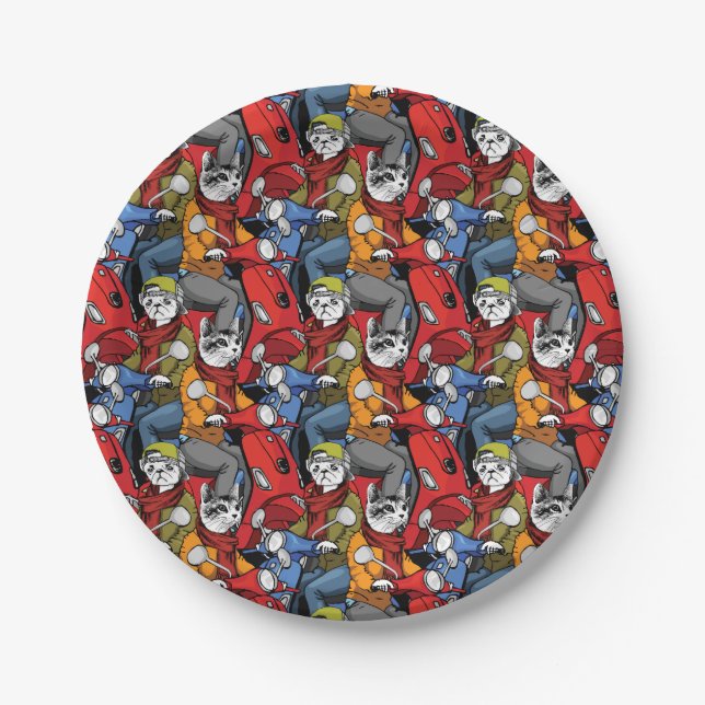 Cats & Dogs Scooter Pattern Paper Plate (Front)