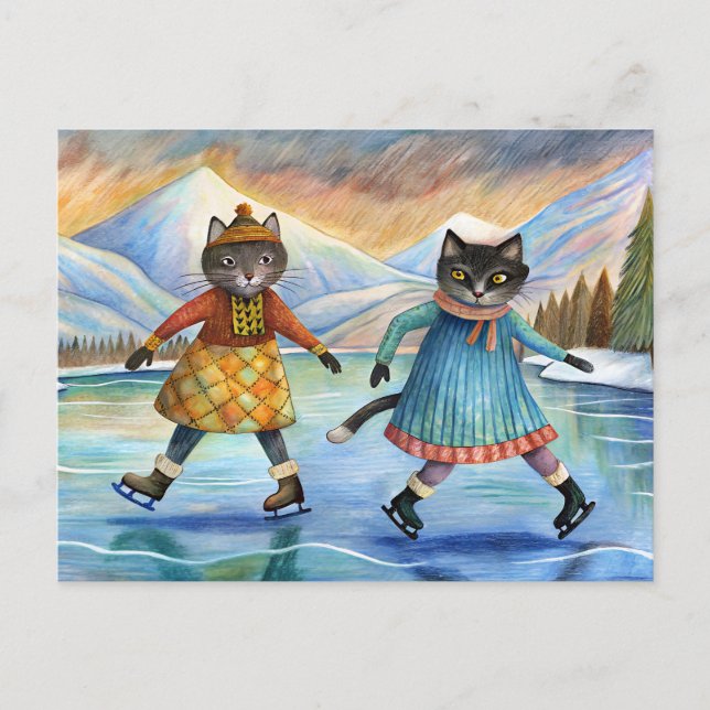 Cats dressed up ice skating on the lake in Alps  Holiday Postcard (Front)