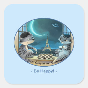 Cats Eiffel Tower - Night Happy Square Stickers