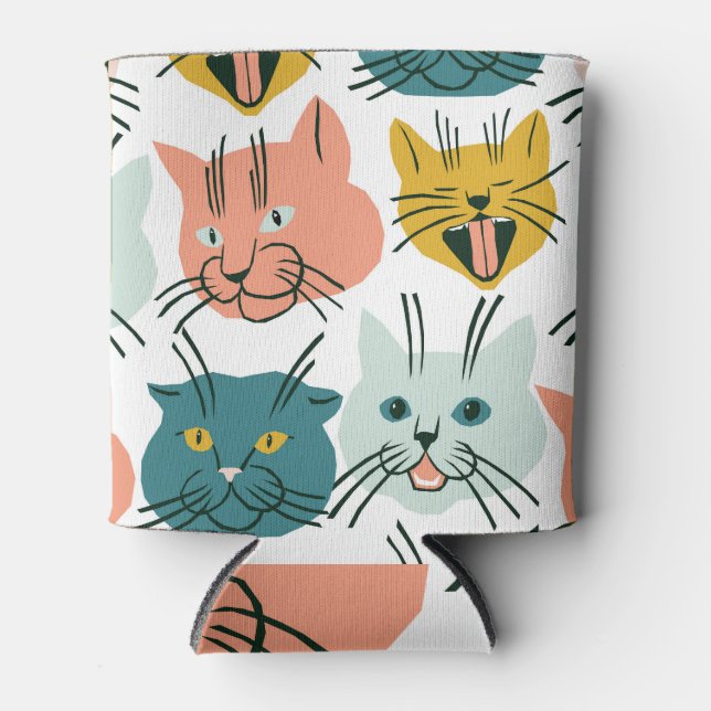 Cats Faces Funny Vintage Pattern. Can Cooler (Front)