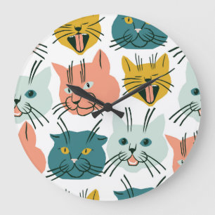 Cats Faces Funny Vintage Pattern. Large Clock