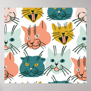 Cats Faces Funny Vintage Pattern. Poster