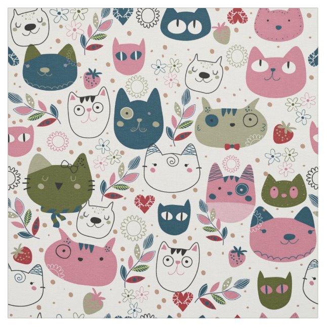Cats faces muted warm green teal pink pattern fabric (Swatch)