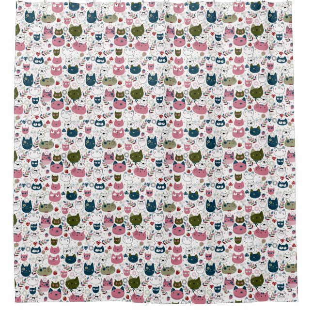 Cats faces muted warm green teal pink pattern shower curtain (Front)
