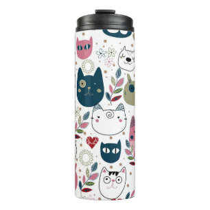 Cats faces muted warm green teal pink pattern thermal tumbler