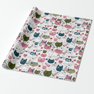 Cats faces muted warm green teal pink pattern wrapping paper