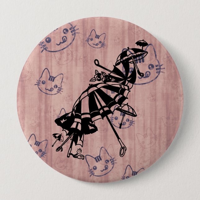 Cats Faces Parasols Umbrellas Ink art drawing 10 Cm Round Badge (Front)
