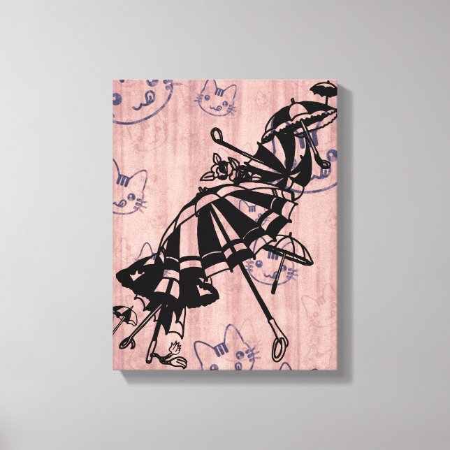 Cats Faces Parasols Umbrellas Ink art drawing  Canvas Print (Front)