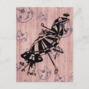 Cats Faces Parasols Umbrellas Ink art drawing Postcard