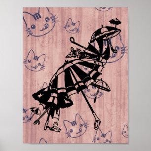 Cats Faces Parasols Umbrellas Ink art drawing  Poster