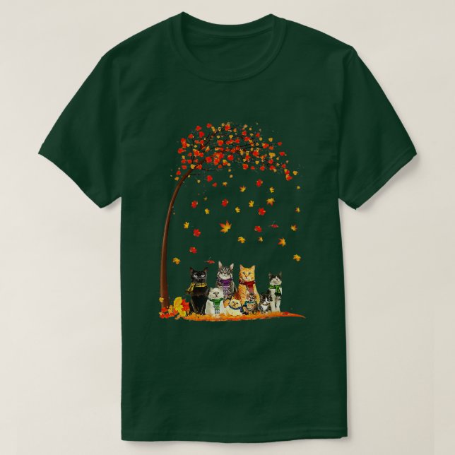 Cats Fall Autumn Leaf Tree Funny Cat Lovers T-Shirt (Design Front)