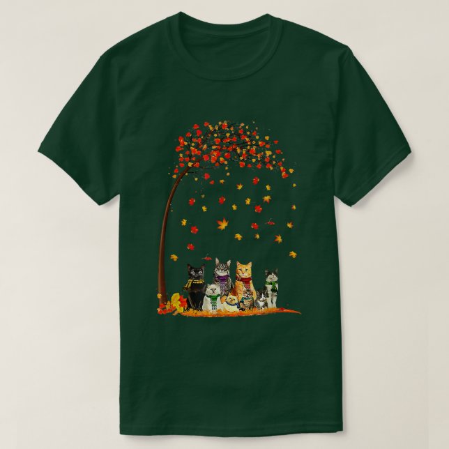 Cats Fall Autumn Leaf Tree Funny Cat Lovers  T-Shirt (Design Front)