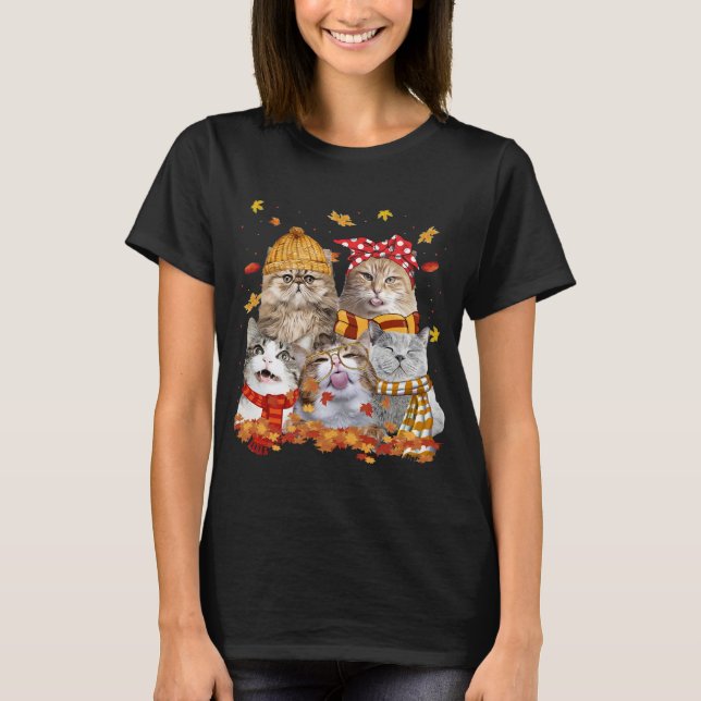 Cats Fall Autumn Leaf Tree Funny T-Shirt (Front)