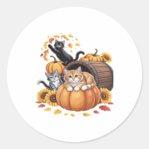 Cats Fall Autumn Pumpkins Thanksgiving Sunflower C Classic Round Sticker