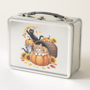 Cats Fall Autumn Pumpkins Thanksgiving Sunflower C Metal Lunch Box