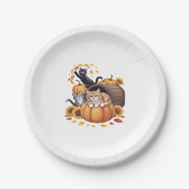 Cats Fall Autumn Pumpkins Thanksgiving Sunflower C Paper Plate (Front)