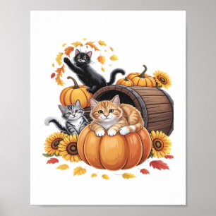 Cats Fall Autumn Pumpkins Thanksgiving Sunflower C Poster