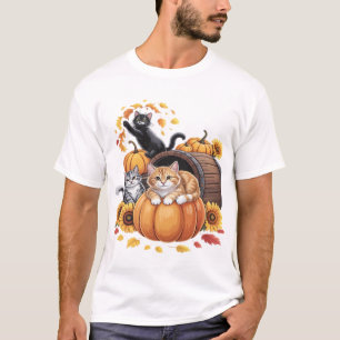 Cats Fall Autumn Pumpkins Thanksgiving Sunflower C T-Shirt