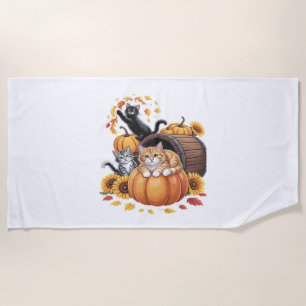 Cats Fall Autumn Pumpkins Thanksgiving Sunflower O Beach Towel