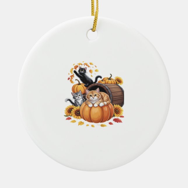 Cats Fall Autumn Pumpkins Thanksgiving Sunflower O Ceramic Tree Decoration (Front)