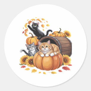 Cats Fall Autumn Pumpkins Thanksgiving Sunflower O Classic Round Sticker