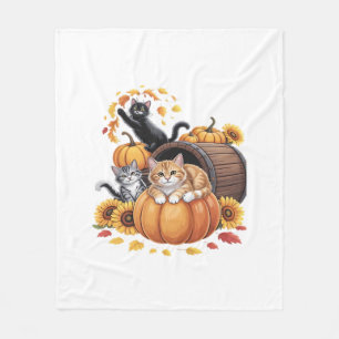 Cats Fall Autumn Pumpkins Thanksgiving Sunflower O Fleece Blanket