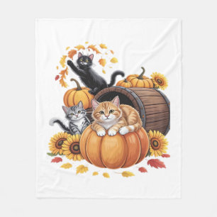 Cats Fall Autumn Pumpkins Thanksgiving Sunflower O Fleece Blanket