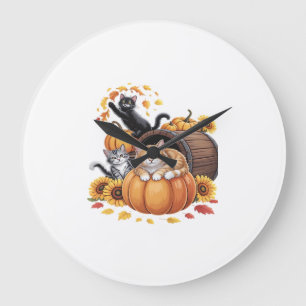 Cats Fall Autumn Pumpkins Thanksgiving Sunflower O Large Clock