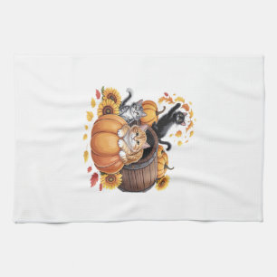 Cats Fall Autumn Pumpkins Thanksgiving Sunflower O Tea Towel