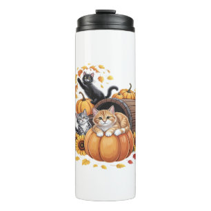 Cats Fall Autumn Pumpkins Thanksgiving Sunflower O Thermal Tumbler