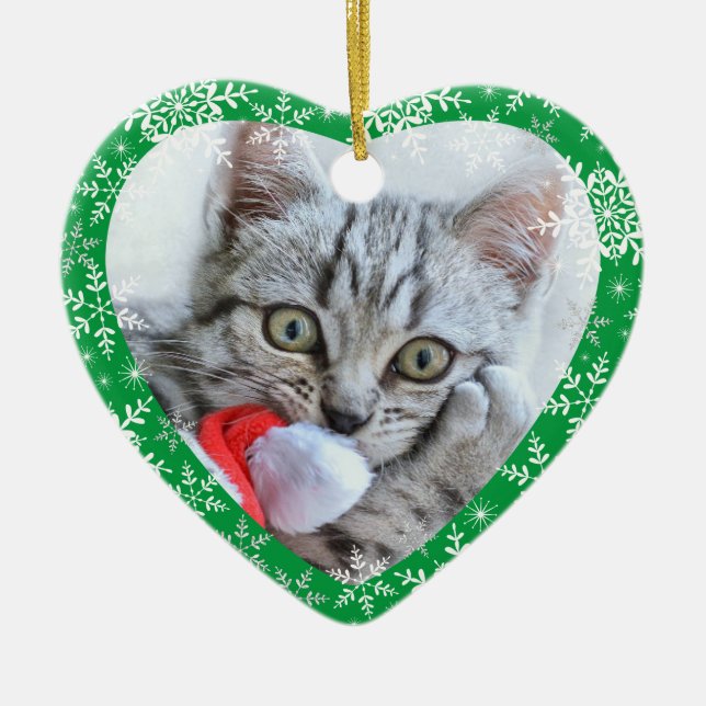 Cat's First Christmas Glitter Snowflakes Heart Ceramic Tree Decoration (Front)
