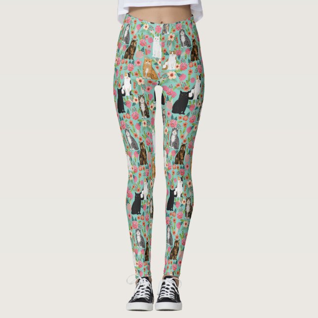 Cats Florals mint vintage floral Leggings (Front)