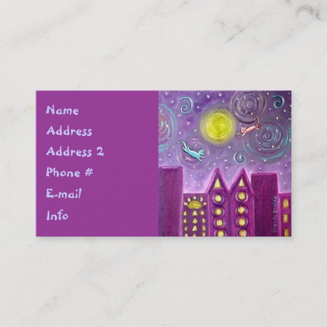 Cats Flying Over a Purple Deco City Business Card (Front)