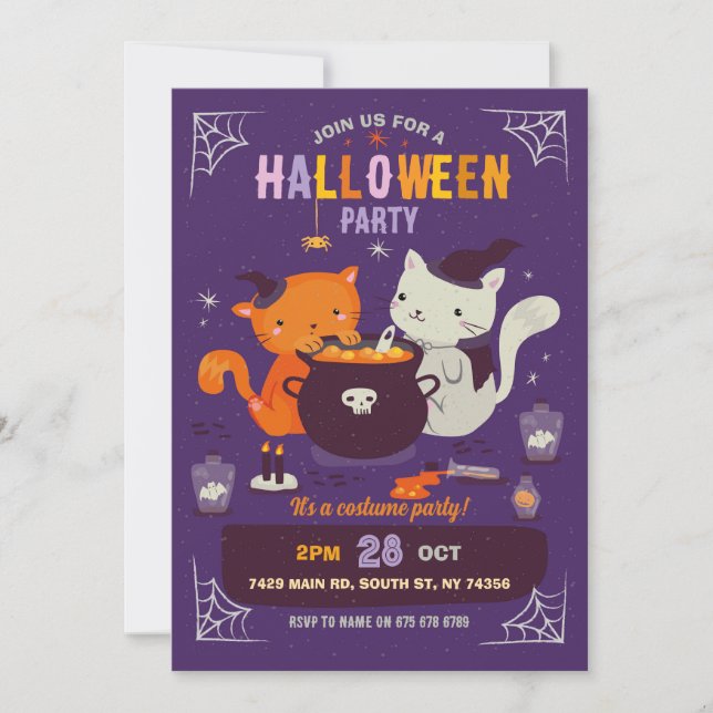 Cats Halloween Party Kids Fun Witches Cauldron  Invitation (Front)