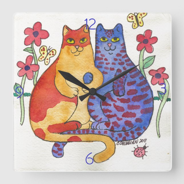 Cats Holding Hands Folk Art Square Wall Clock (Front)