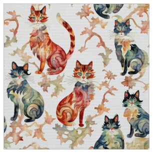 Cats in a Chinese Watercolor Pattern  Fabric