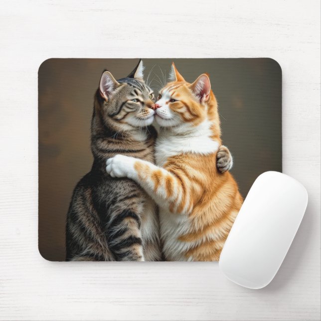 Cats In a Friendly Hug Mouse Mat (With Mouse)
