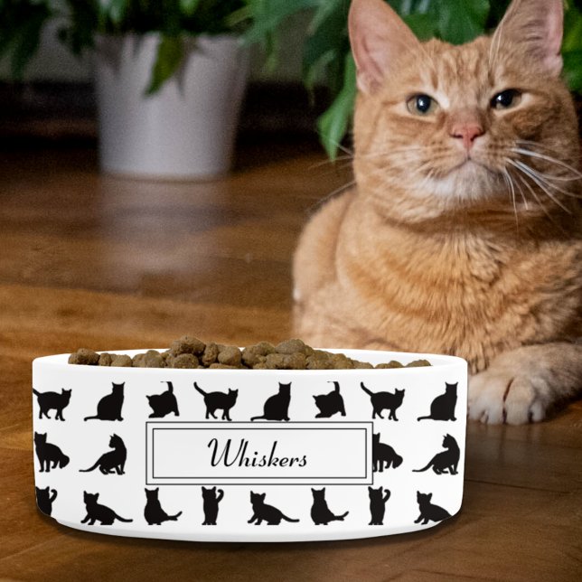  Cats in Black Silhouette Pattern with First Name Bowl (Creator Uploaded)
