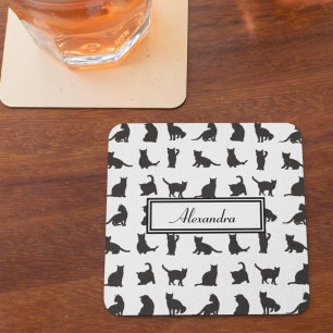 Cats in Black Silhouette Pattern with First Name Coaster
