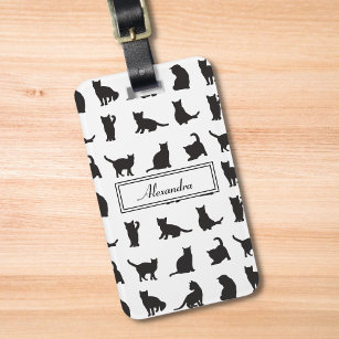 Cats in Black Silhouette Pattern with First Name Luggage Tag
